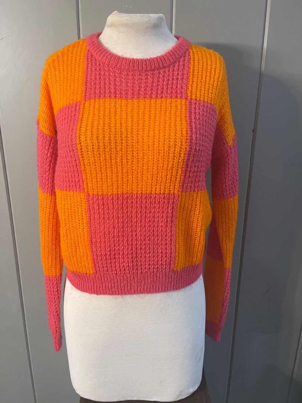 Vero Moda Anthropologie Sweater Pink Orange Check Retro 80’s Festival Girlhood